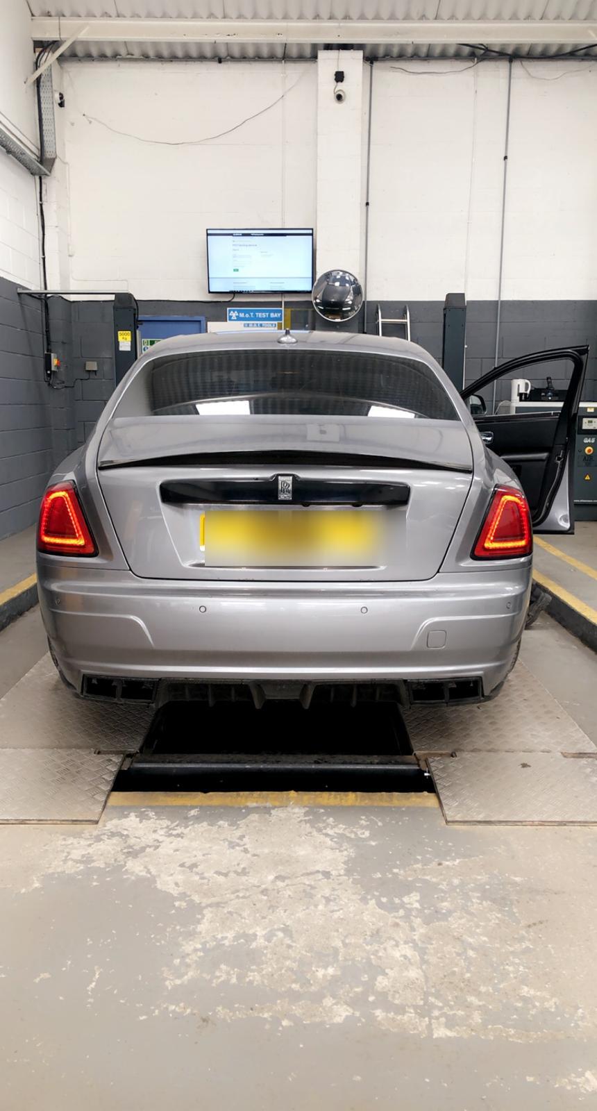 Rolls-Royce Ghost on the MOT test bay at Autoworks Bradford